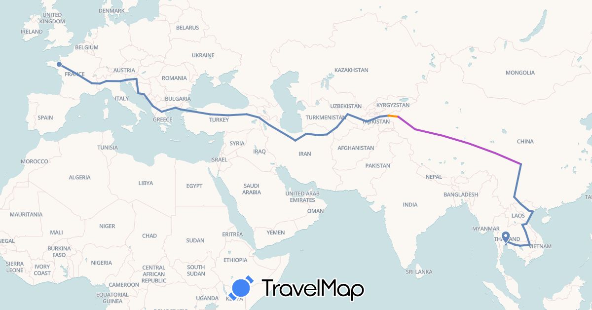 TravelMap itinerary: driving, cycling, train, hitchhiking in Albania, China, France, Greece, Croatia, Iran, Italy, Kyrgyzstan, Cambodia, Laos, Slovenia, Thailand, Tajikistan, Turkmenistan, Turkey, Uzbekistan, Vietnam (Asia, Europe)