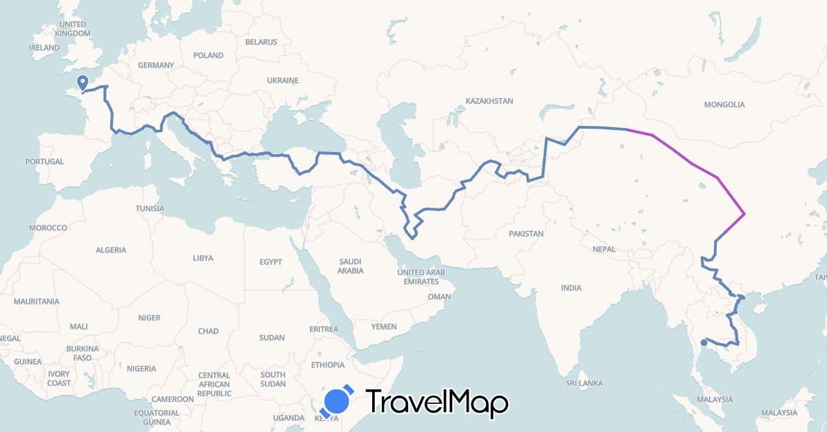 TravelMap itinerary: cycling, train in Albania, China, Croatia, Iran, Italy, Kyrgyzstan, Cambodia, Kazakhstan, Laos, Thailand, Tajikistan, Turkmenistan, Turkey, Uzbekistan, Vietnam (Asia, Europe)